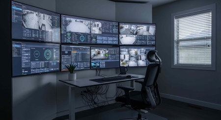 A dimly lit room with a desk and chair, featuring multiple large monitors displaying security...