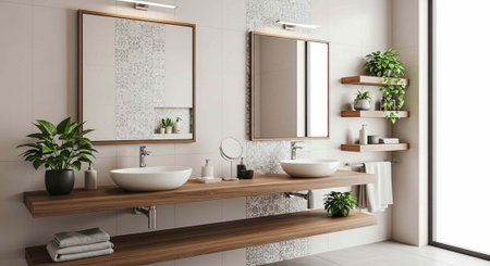 A modern bathroom with a double sink, wooden shelves, and plants, featuring a large mirror and a window with natural light.の写真素材