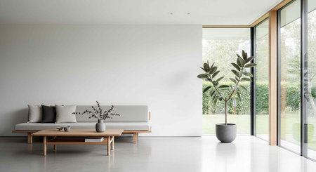 A serene living room with a white couch, wooden coffee table, and potted plants, featuring large windows with a view of the outdoors.の写真素材