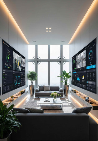 A sleek, high-tech living room with two large screens, minimalist furniture, and plenty of natural light from a large window.の写真素材