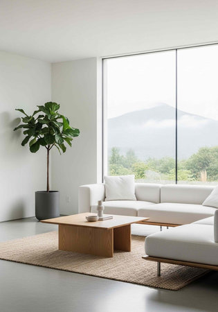 A serene living room with a white sectional sofa, wooden coffee table, and a large window offering a view of trees and mountains.の写真素材