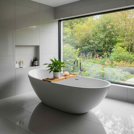 A sleek, modern bathroom featuring a freestanding white tub, large window with a garden view, and a...