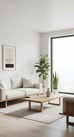 A serene living room with a white couch, wooden coffee table, and plants, featuring a large window and minimalist decor.の写真素材