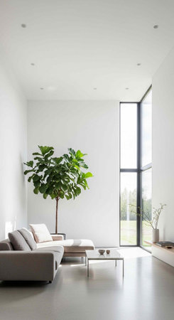 A serene and modern living room with a large window, gray couch, and a tall green plant, featuring a minimalist aesthetic with white walls and a concrete floor.の写真素材