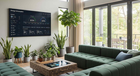 A modern living room with green sofas, a coffee table, and numerous plants, featuring a large screen on the wall and a big window with a view of the outdoors.の写真素材