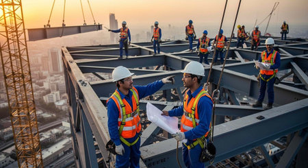 Construction workers in hard hats and safety vests on a building site at sunset