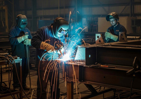 Three welders working together in a factory with sparks flying everywhere around them