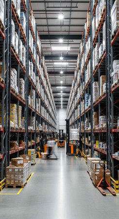 A large warehouse with high shelves and a forklift moving through the aisleの写真素材