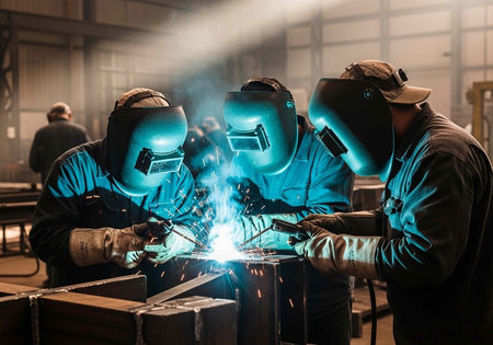 Three skilled workers in protective gear welding metal in a factory setting