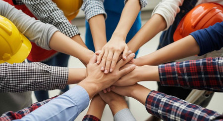 A group of people stacking their hands together in a symbol of teamwork and unity