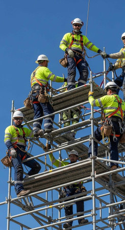 Construction workers in safety gear working on scaffolding at a building site