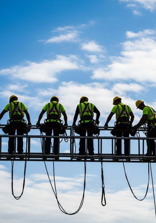 A group of construction workers in safety gear working on a high platform