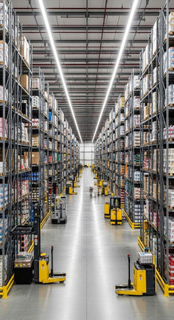 A large warehouse with rows of shelving units and industrial forklifts