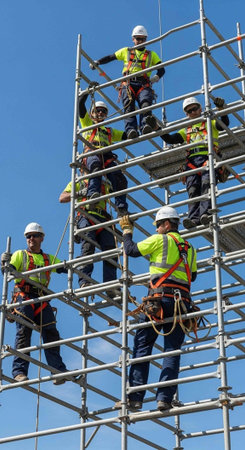 Construction workers in safety gear working on scaffolding at a high elevation siteの写真素材