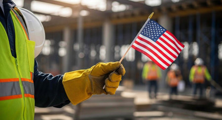 A construction worker proudly holding an American flag on a building siteの写真素材
