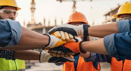 Construction workers stacking their hands in a symbol of teamwork and unityの写真素材