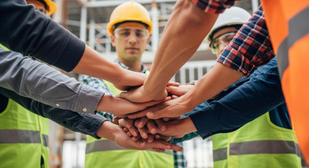 A group of construction workers stacking their hands in a symbol of teamwork and unity