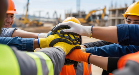 Construction workers stacking their hands in a symbol of teamwork and unity on a building site