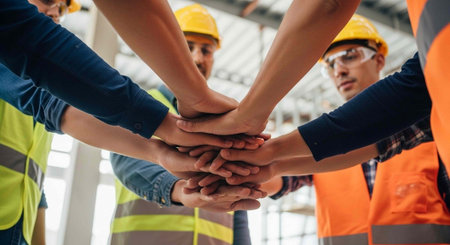A group of construction workers stacking their hands in a symbol of teamwork and unityの写真素材