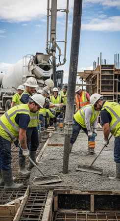 Construction workers pouring concrete on a building site with a cement mixerの写真素材