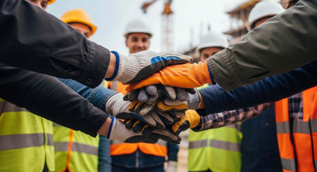 A group of construction workers stacking their gloved hands in a symbol of teamwork and unityの写真素材