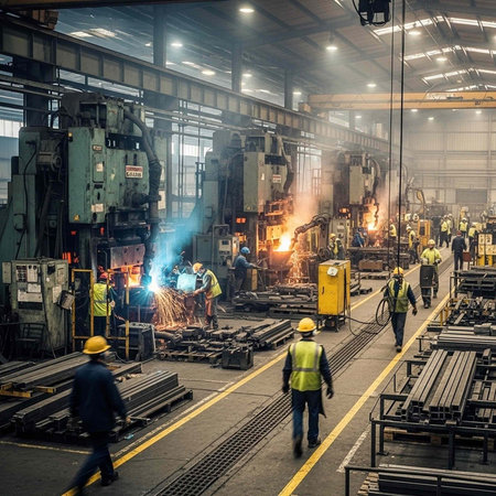Industrial workers in a large factory with machinery and welding operations in progressの写真素材
