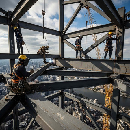 Construction workers building a high-rise building with a cityscape in the backgroundの写真素材
