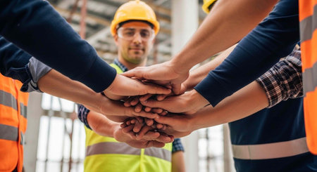 A group of construction workers stacking their hands in a symbol of teamwork and unityの写真素材