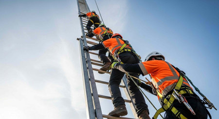 Four construction workers climbing a tall ladder with safety gear and harnessesの写真素材