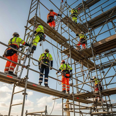 Construction workers in high visibility gear working on scaffolding at a building site