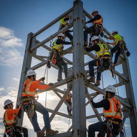 Group of construction workers climbing on the top of a metal structure.の写真素材