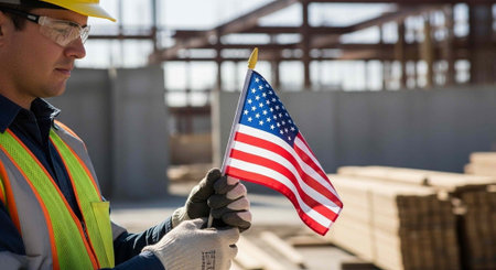 A construction worker proudly holding an American flag on a building siteの写真素材