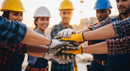 A diverse group of construction workers stacking their hands in unity and teamwork