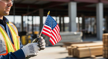 A construction worker proudly holding an American flag on a building siteの写真素材