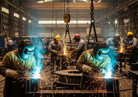 Industrial workers welding metal parts in a large factory with sparks flying everywhere