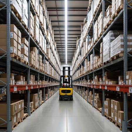 A forklift drives down a long aisle in a large warehouse filled with shelves of boxesの写真素材