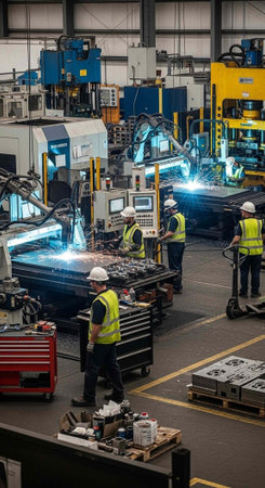 Industrial workers in a factory setting with machinery and equipmentの写真素材