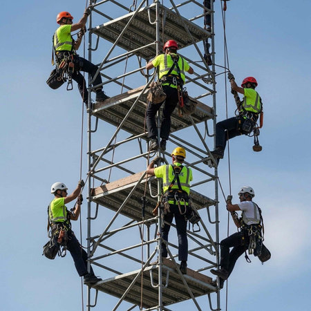 Workers in safety gear climbing a scaffolding structure on a clear dayの写真素材