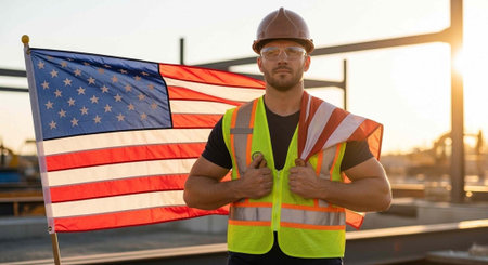 A construction worker proudly holding an American flag on a building site at sunset