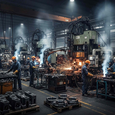 Industrial workers in a factory setting operating heavy machinery and welding
