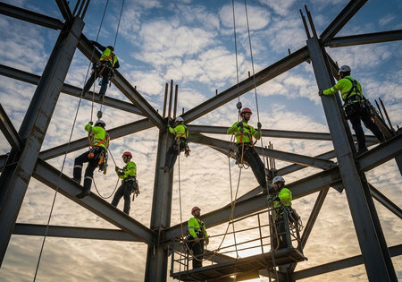 Construction workers in high-visibility gear building a steel structure against a cloudy sky