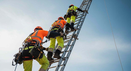 Three construction workers climbing a tall ladder in safety gear against a blue skyの写真素材