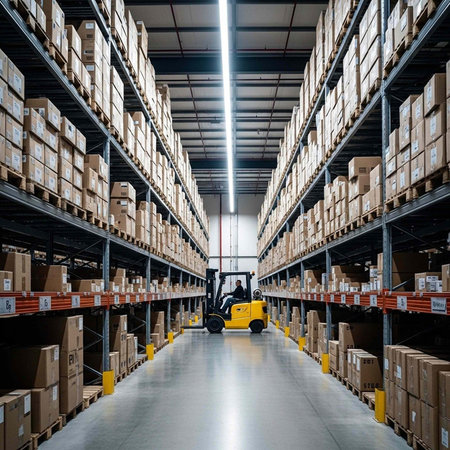 A large warehouse with shelves stocked with boxes and a forklift in the center aisleの写真素材