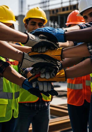 A group of construction workers stacking their gloved hands in a symbol of teamwork and unityの写真素材