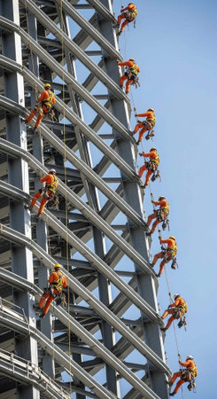 Workers in orange suits climbing a large metal structure with safety gearの写真素材