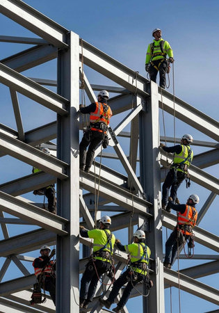 Construction workers in safety gear climbing a steel structure on a clear dayの写真素材