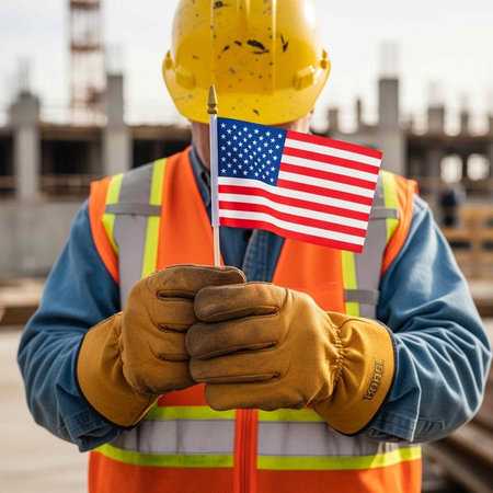 A construction worker proudly holding an American flag on a building siteの写真素材