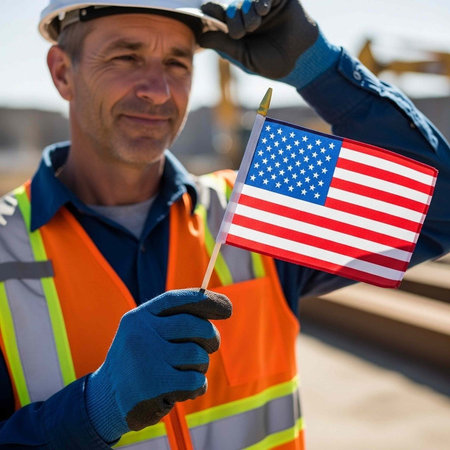 A smiling construction worker in a hard hat salutes while holding an American flag