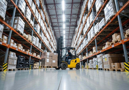 A forklift operator efficiently moves cargo in a large, organized warehouse storage facilityの写真素材