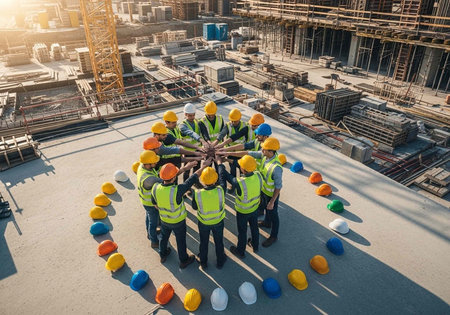 A group of construction workers standing in a circle on a building site